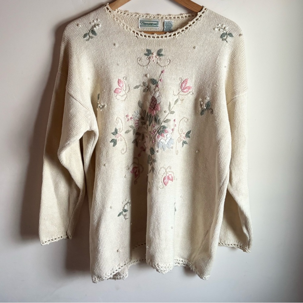 Vintage Shenanigans Cream Ramie Cotton Floral Embroidered Sweater